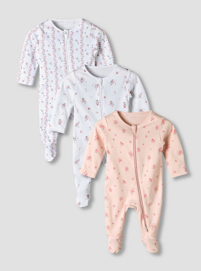 Pack of 3 Juniors Organic Cotton Round Neck Long Sleeves Sleepsuit with Floral Print-baby-girls-clothing-nightwear-sleepsuits-image-1