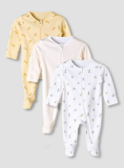 Pack of 3 Juniors Organic Cotton Round Neck Long Sleeves Sleepsuit with Print-baby-girls-clothing-nightwear-sleepsuits-image-1