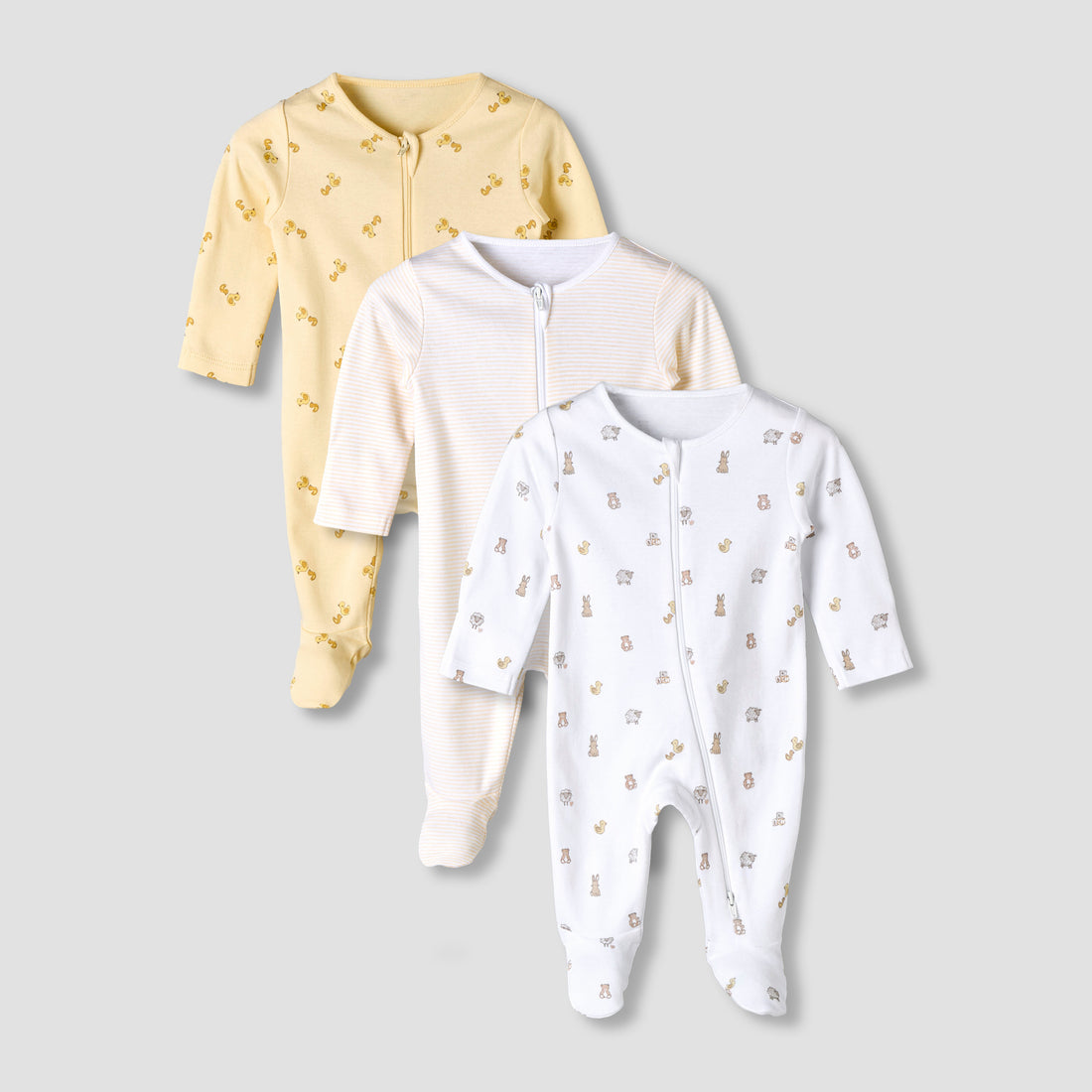 Pack of 3 Juniors Organic Cotton Round Neck Long Sleeves Sleepsuit with Print - Yellow / 12-18 mths