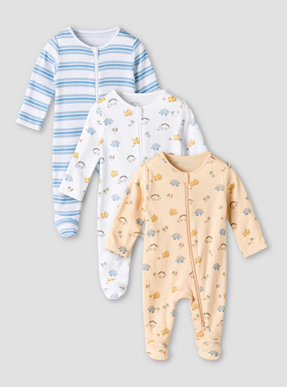Pack of 3 Juniors Organic Cotton Crew Neck Long Sleeves Sleepsuit with Print-baby-boys-clothing-nightwear-sleepsuits-image-1