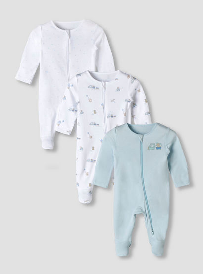 Pack of 3 Juniors Organic Cotton Round Neck Long Sleeves Sleepsuit with Print-baby-boys-clothing-nightwear-sleepsuits-image-1