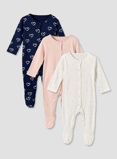 Pack of 3 Cotton Crew Neck Long Sleeve Sleepsuit with Snap Button Closure-baby-girls-clothing-nightwear-sleepsuits-image-1