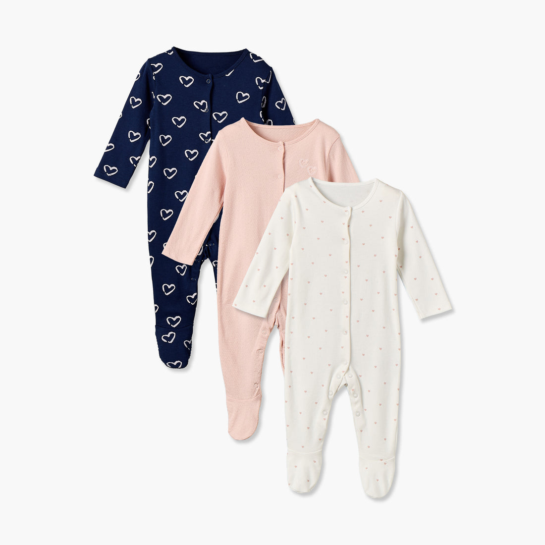 Pack of 3 Cotton Crew Neck Long Sleeve Sleepsuit with Snap Button Closure