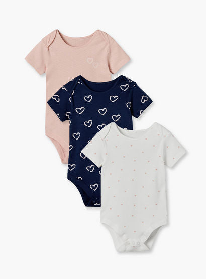 Pack of 3 Juniors Cotton Crew Neck Short Sleeves Bodysuit with Heart Print-baby-girls-clothing-bodysuits-image-1