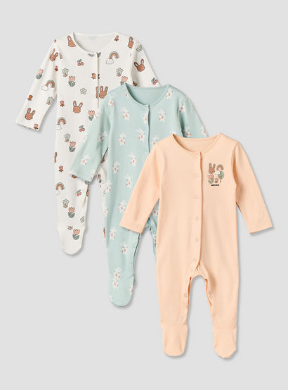 Pack of 3 Juniors Cotton Crew Neck Long Sleeve Sleepsuit with Bunny Print-baby-girls-clothing-nightwear-sleepsuits-image-1