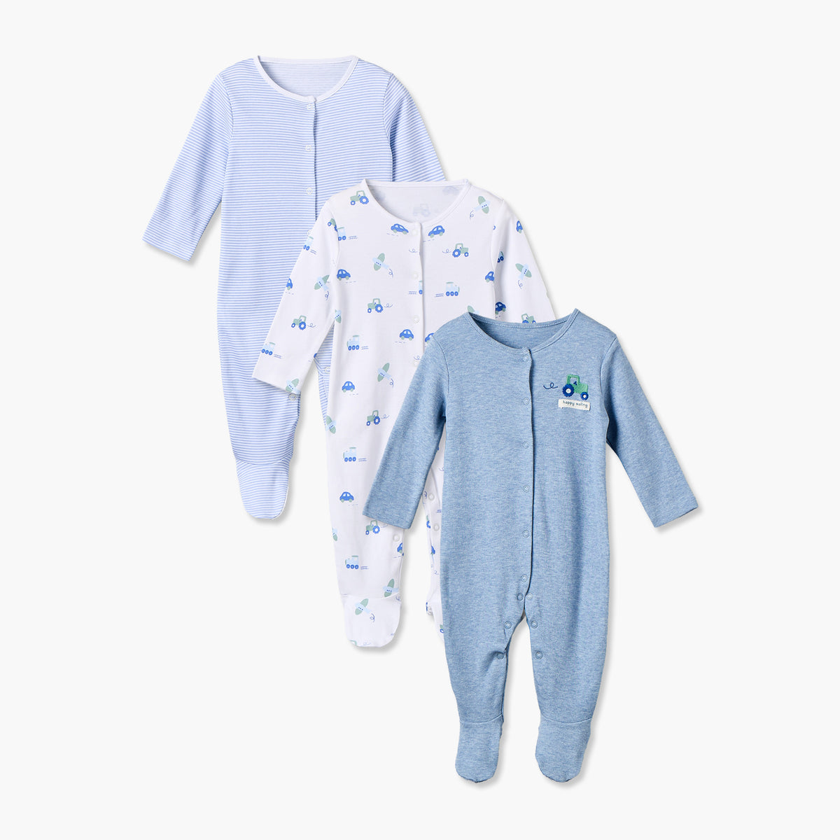 Pack of 3 Juniors Cotton Crew Neck Long Sleeves Sleepsuit with Assorted Print