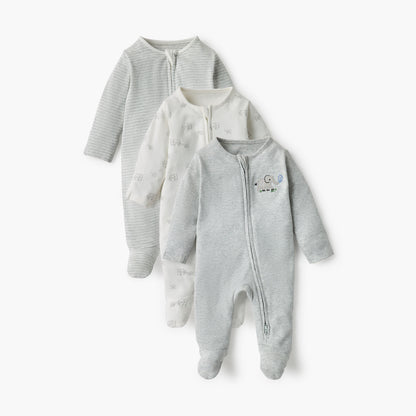 Juniors Assorted Sleepsuit with Long Sleeves and Zip Closure - Set of 3 - Multicolour / 12-18 mths