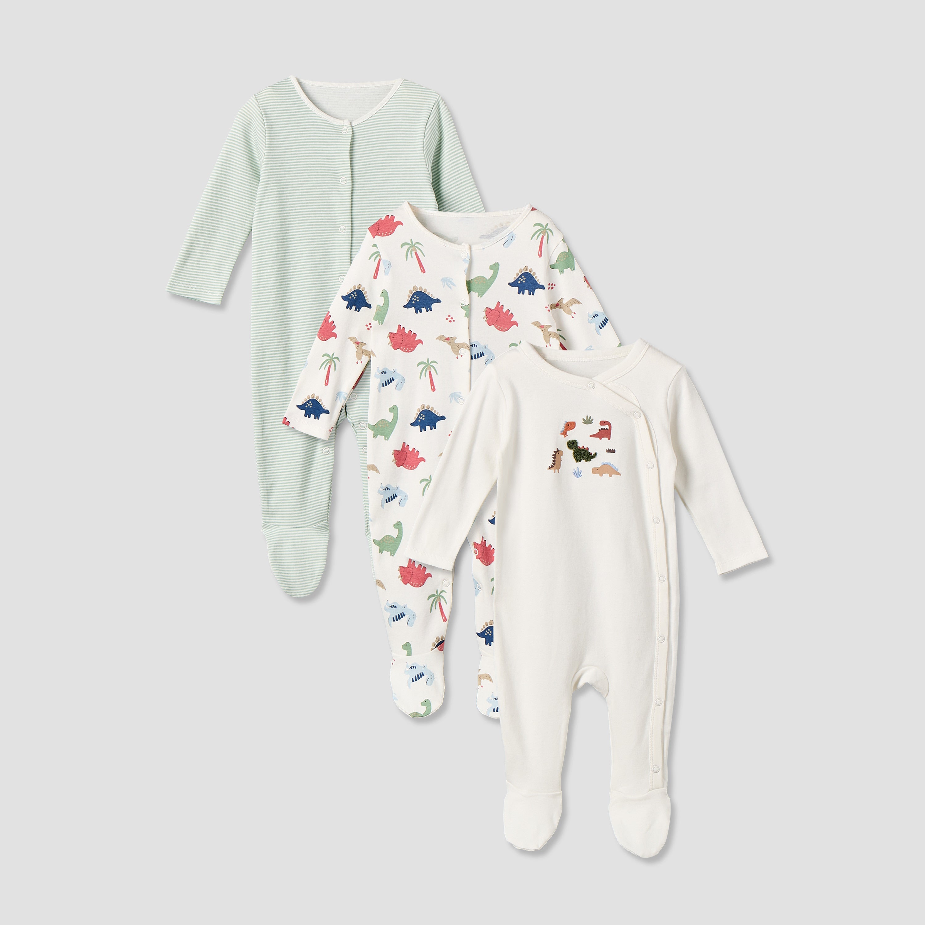 Pack of 3 Juniors Cotton Round Neck Long Sleeves Sleepsuit with Assorted Print - Green / 12-18 mths