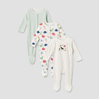 Pack of 3 Juniors Cotton Round Neck Long Sleeves Sleepsuit with Assorted Print - Green / 12-18 mths