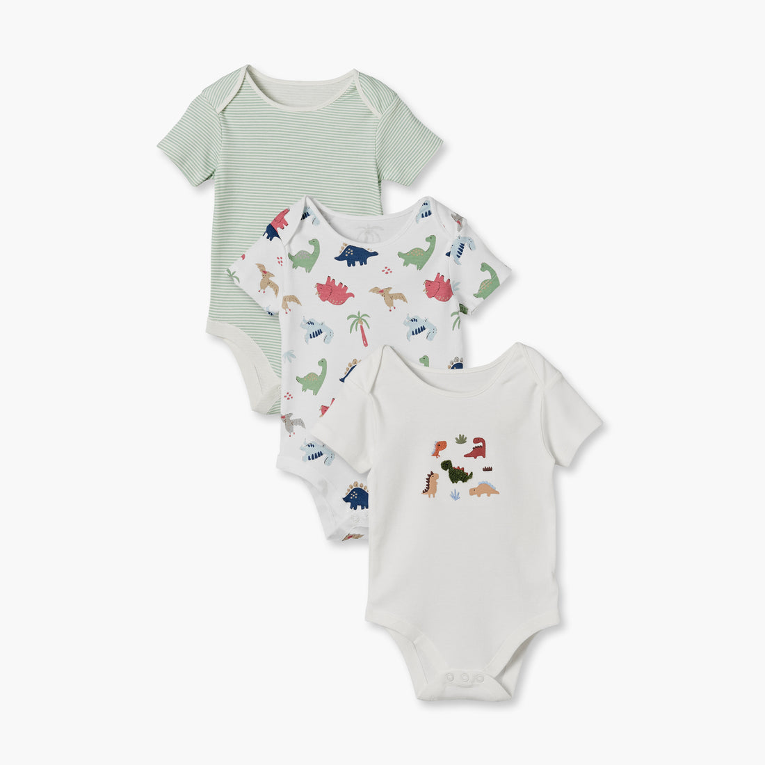 Pack of 3 Juniors Cotton Crew Neck Short Sleeves Bodysuit with Dinosaur Print - White / 18-24 mths