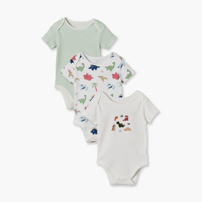 Pack of 3 Juniors Cotton Crew Neck Short Sleeves Bodysuit with Dinosaur Print - White / 18-24 mths
