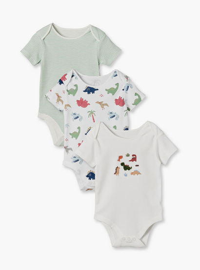 Pack of 3 Juniors Cotton Crew Neck Short Sleeves Bodysuit with Dinosaur Print-baby-boys-clothing-bodysuits-image-1