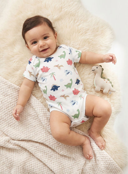 Pack of 3 Juniors Cotton Crew Neck Short Sleeves Bodysuit with Dinosaur Print-baby-boys-clothing-bodysuits-image-2