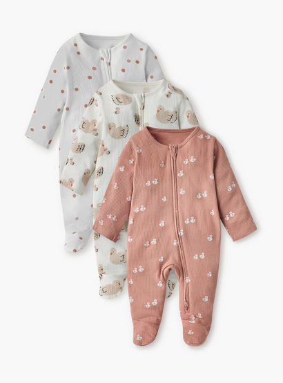 Juniors Printed Sleepsuit with Zip Closure and Long Sleeves - Set of 3-baby-girls-clothing-nightwear-sleepsuits-image-1
