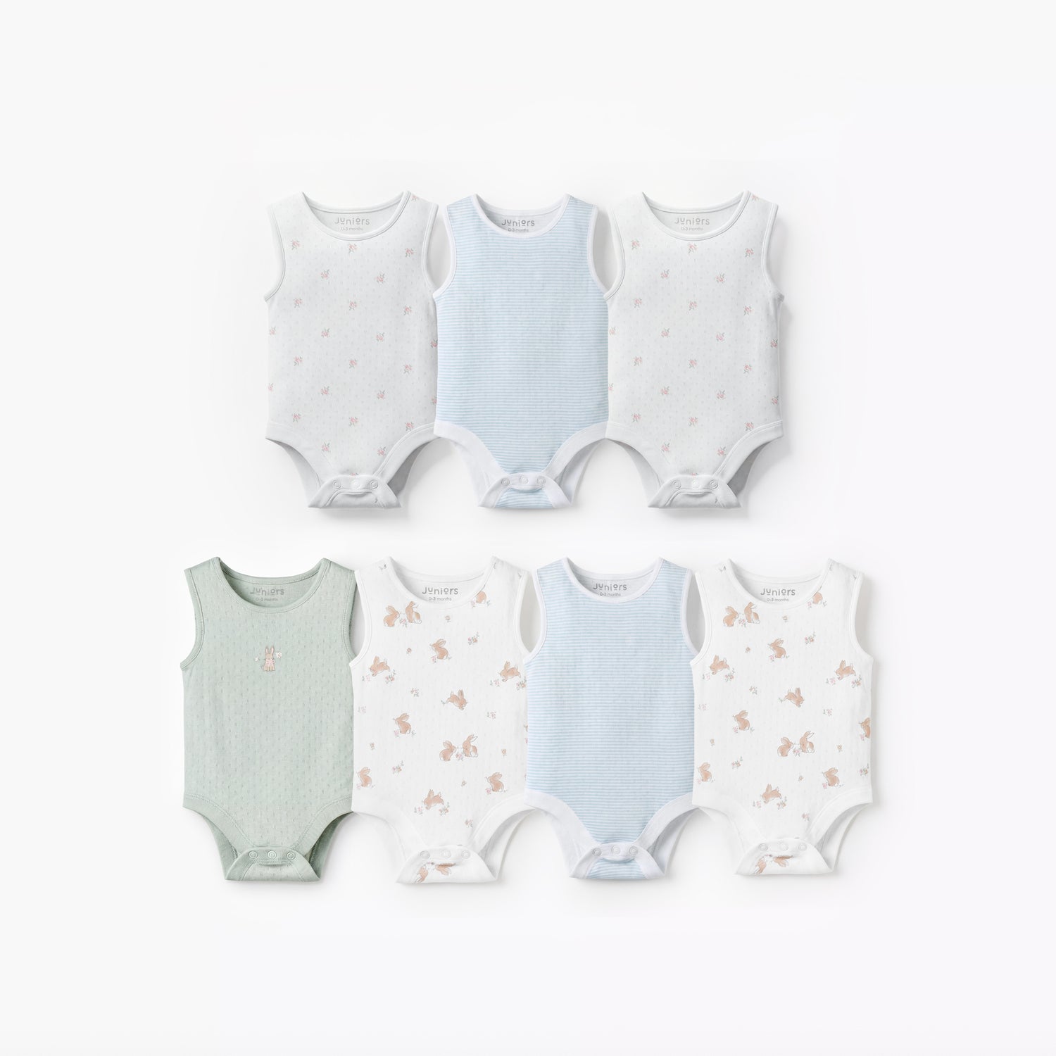 Pack of 7 Juniors Cotton Round Neck Sleeveless Bodysuit with Snap Button Closure - Multicolour / 12-18 mths