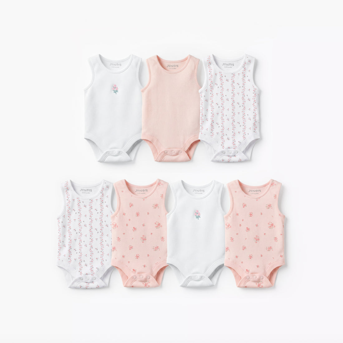 Pack of 7 Juniors Cotton Round Neck Sleeveless Bodysuit with Snap Button Closure - Pink / 12-18 mths