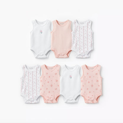 Pack of 7 Juniors Cotton Round Neck Sleeveless Bodysuit with Snap Button Closure - Pink / 12-18 mths