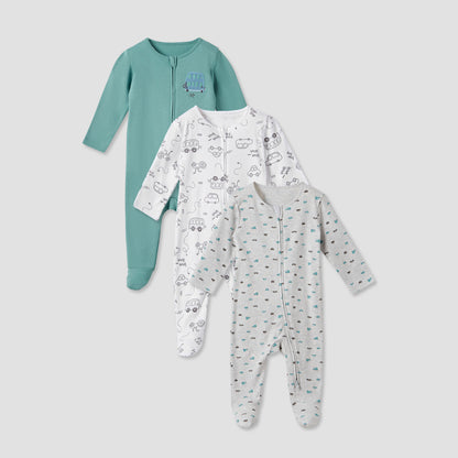 Juniors Printed Sleepsuit with Zip Closure - Set of 3 - Multicolour / 12-18 mths