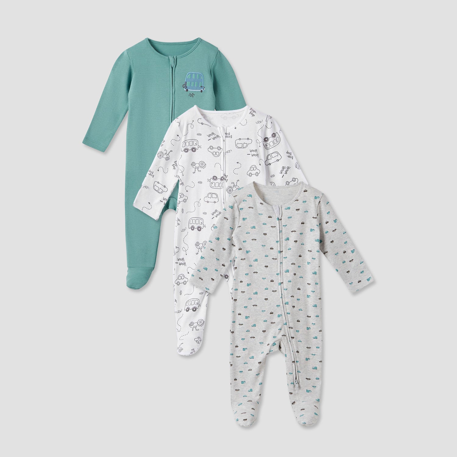 Juniors Printed Sleepsuit with Zip Closure - Set of 3