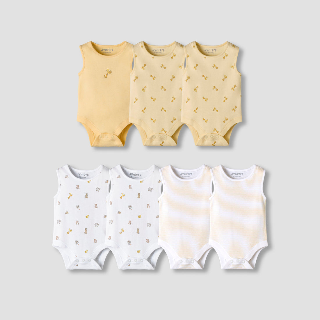 Pack of 7 Juniors Round Neck Sleeveless Bodysuit with Assorted Design - Yellow / 18-24 mths