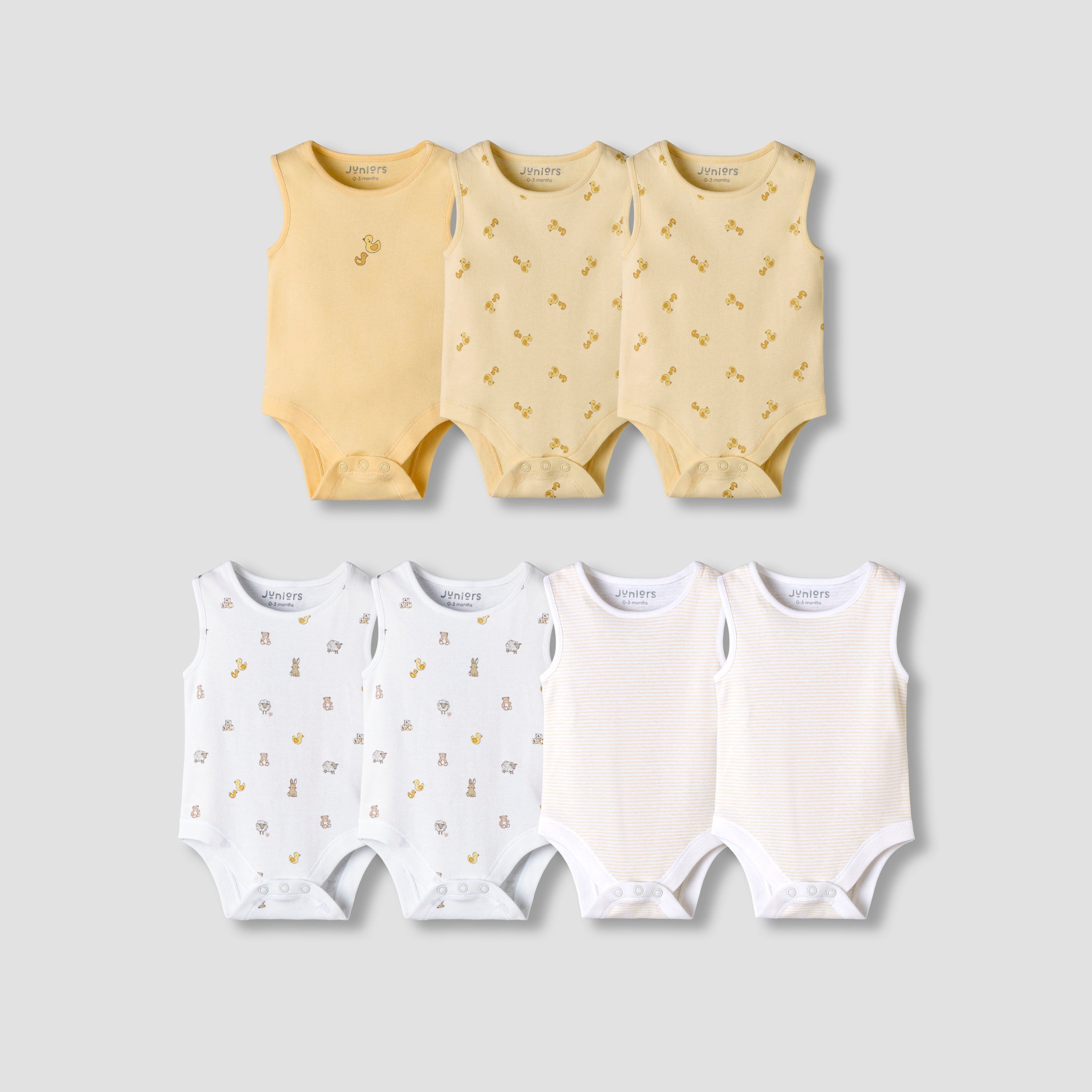 Pack of 7 Juniors Round Neck Sleeveless Bodysuit with Assorted Design - Yellow / 18-24 mths