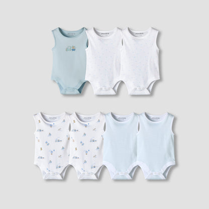 Pack of 7 Juniors Round Neck Sleeveless Bodysuit with Fun Prints