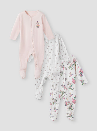 Juniors Floral Print Sleepsuit with Zip Closure - Set of 3-baby-girls-clothing-nightwear-sleepsuits-image-1