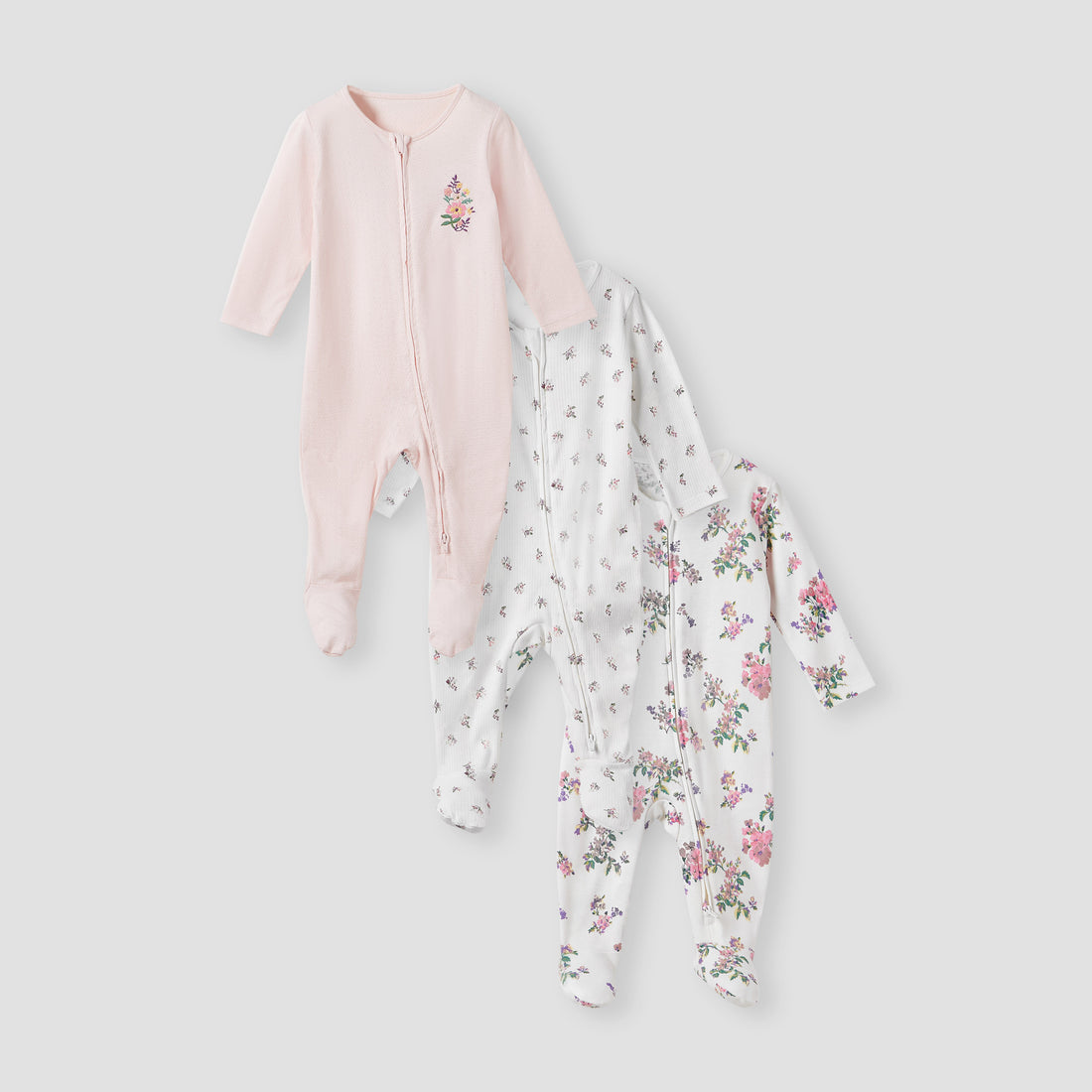 Juniors Floral Print Sleepsuit with Zip Closure - Set of 3 - Multicolour / 12-18 mths