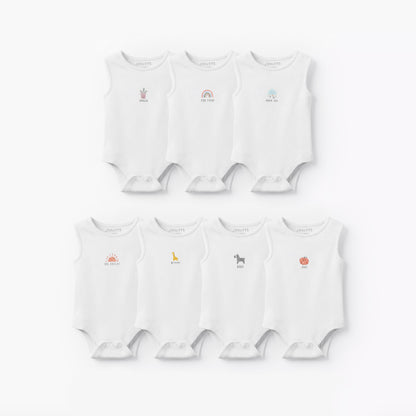 Pack of 7 Juniors Round Neck Sleeveless Bodysuit with Snap Button Closure - White / 12-18 mths