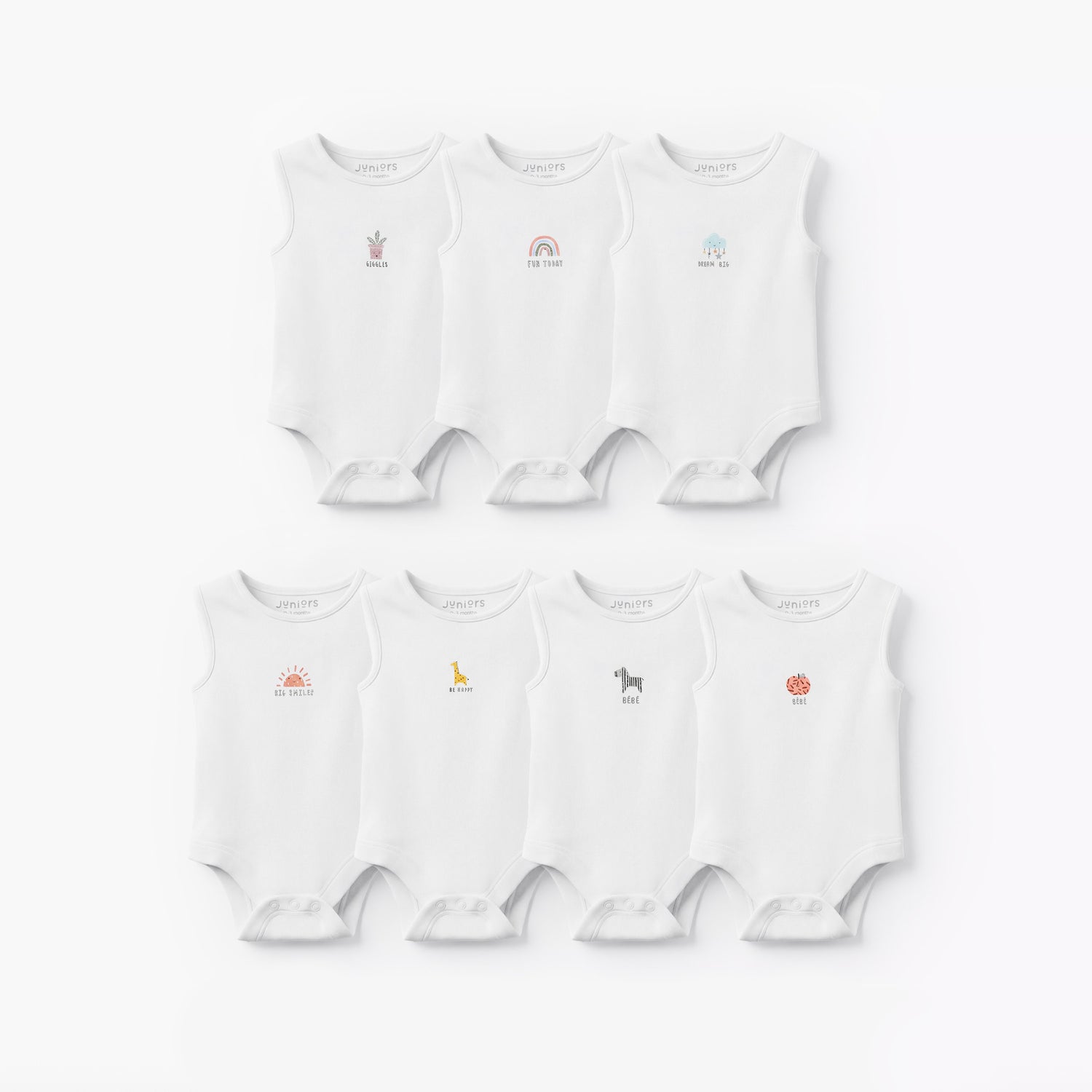 Pack of 7 Juniors Round Neck Sleeveless Bodysuit with Snap Button Closure