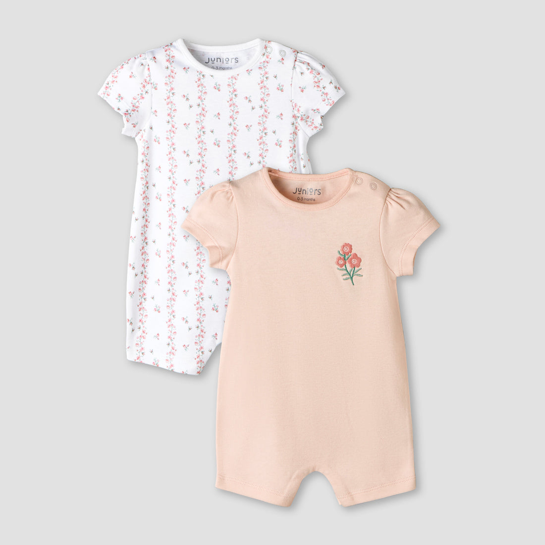Pack of 2 Juniors Round Neck Cap Sleeve Romper with Snap Button Closure - Multicolour / 12-18 mths