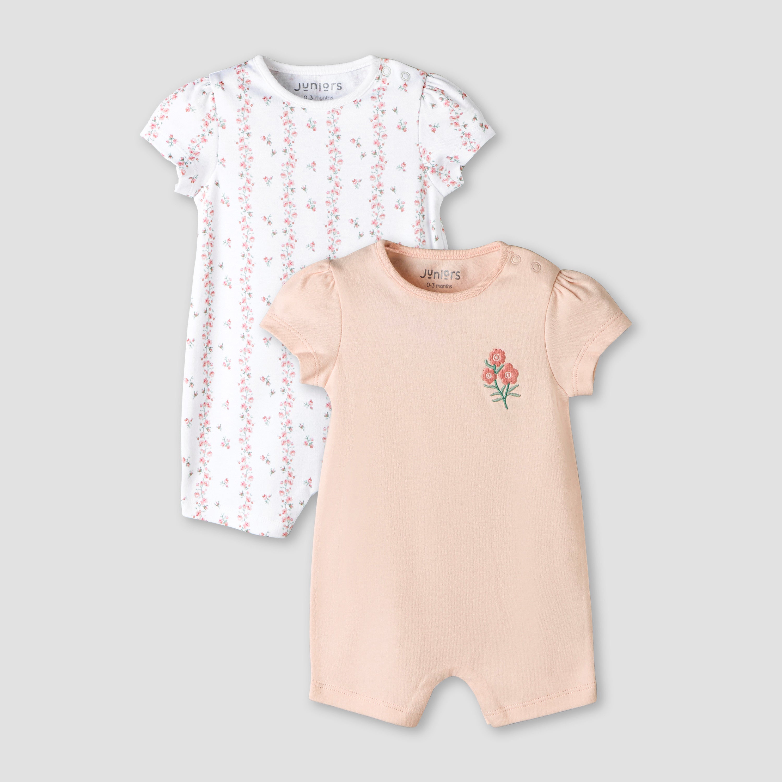 Pack of 2 Juniors Round Neck Cap Sleeve Romper with Snap Button Closure