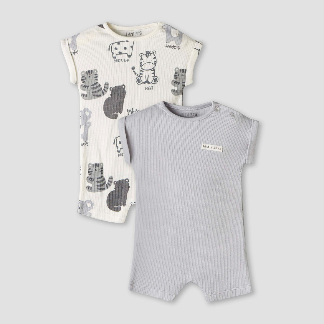 Pack of 2 Juniors Round Neck Short Sleeve Romper with Snap Button Closure - Grey / 12-18 mths