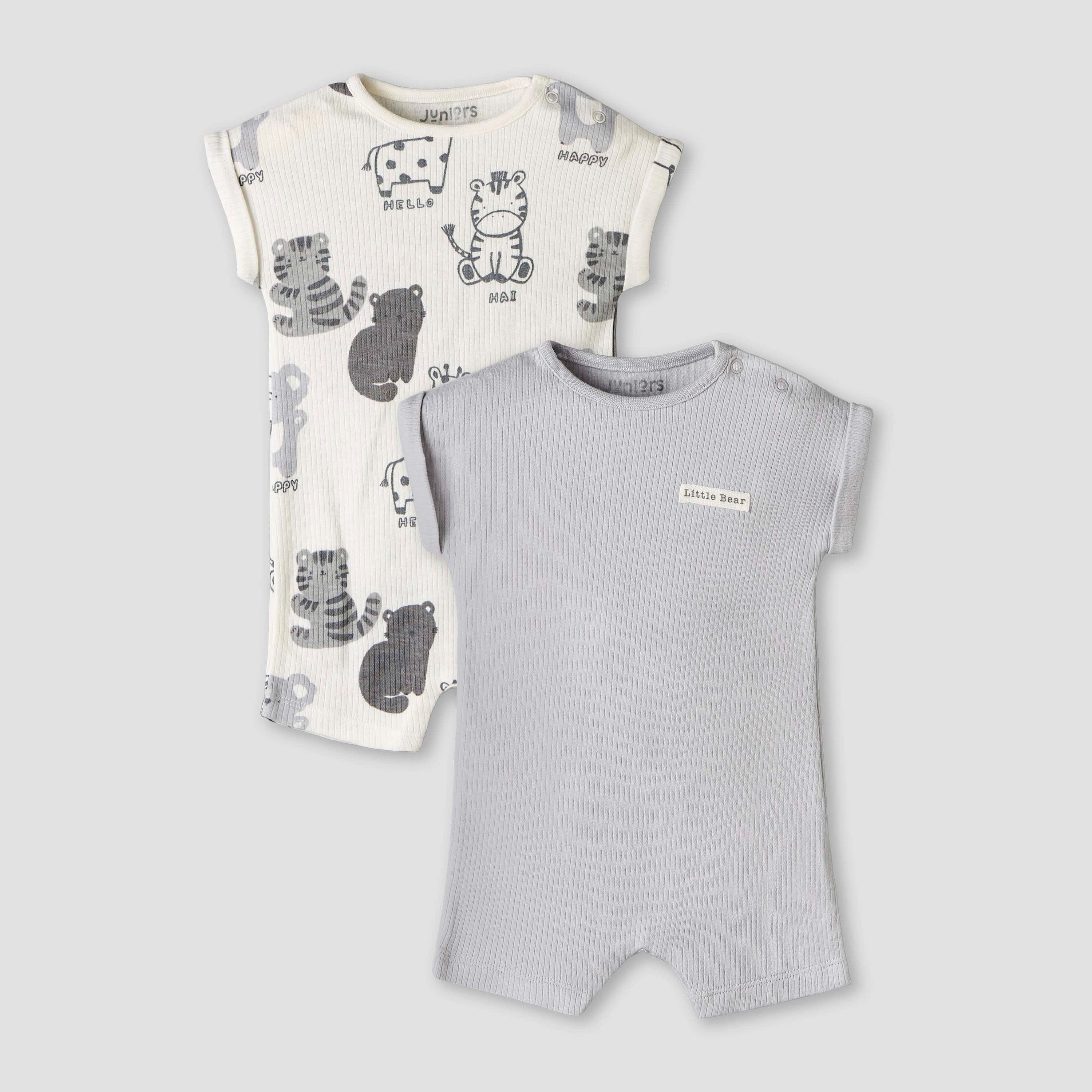 Pack of 2 Juniors Round Neck Short Sleeve Romper with Snap Button Closure - Grey / 12-18 mths