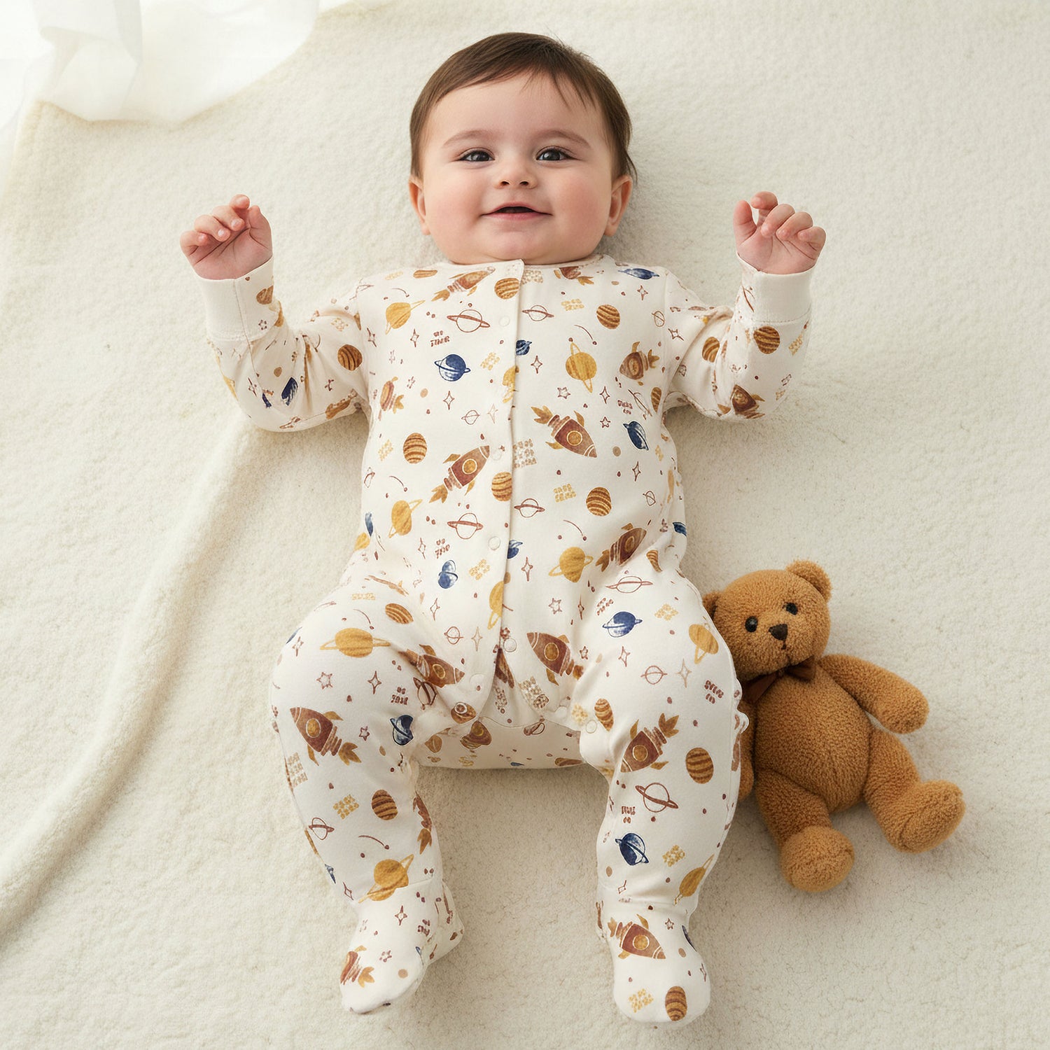 Juniors Round Neck Sleepsuit with Snap Button Closure - Cotton - Long Sleeves - Cream / 12-18 mths