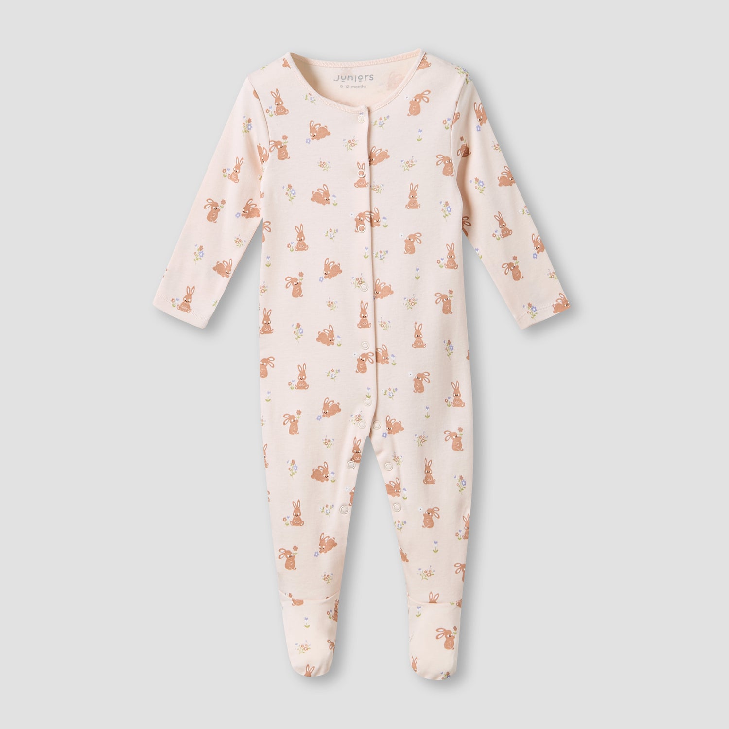 Juniors Round Neck Sleepsuit with Rabbit Print - Cotton - Long Sleeves