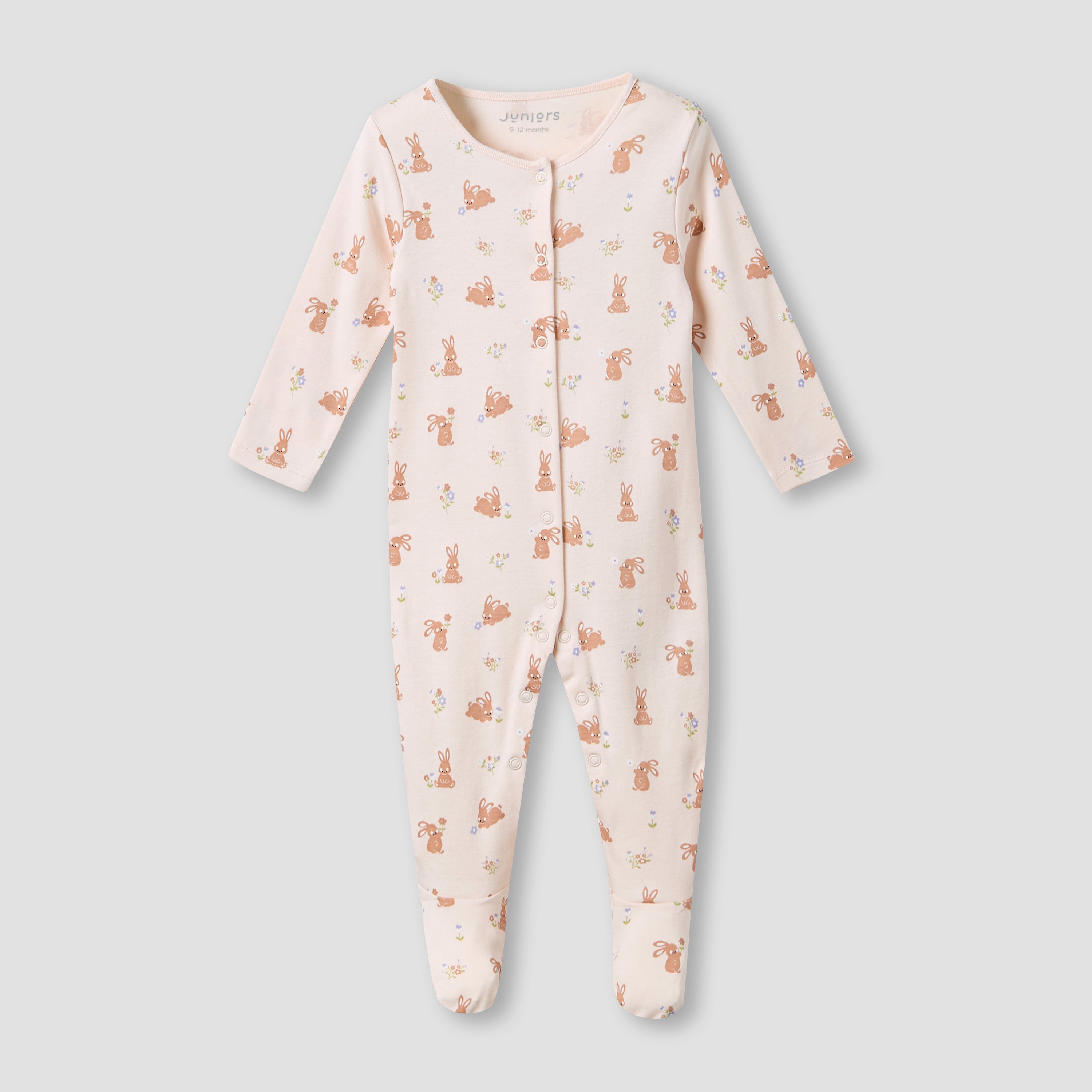 Juniors Round Neck Sleepsuit with Rabbit Print - Cotton - Long Sleeves - Pink / 12-18 mths