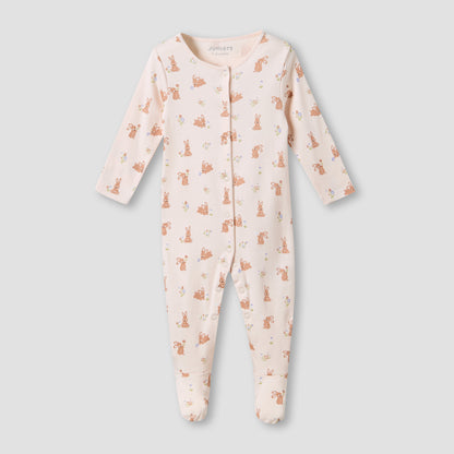 Juniors Round Neck Sleepsuit with Rabbit Print - Cotton - Long Sleeves - Pink / 12-18 mths