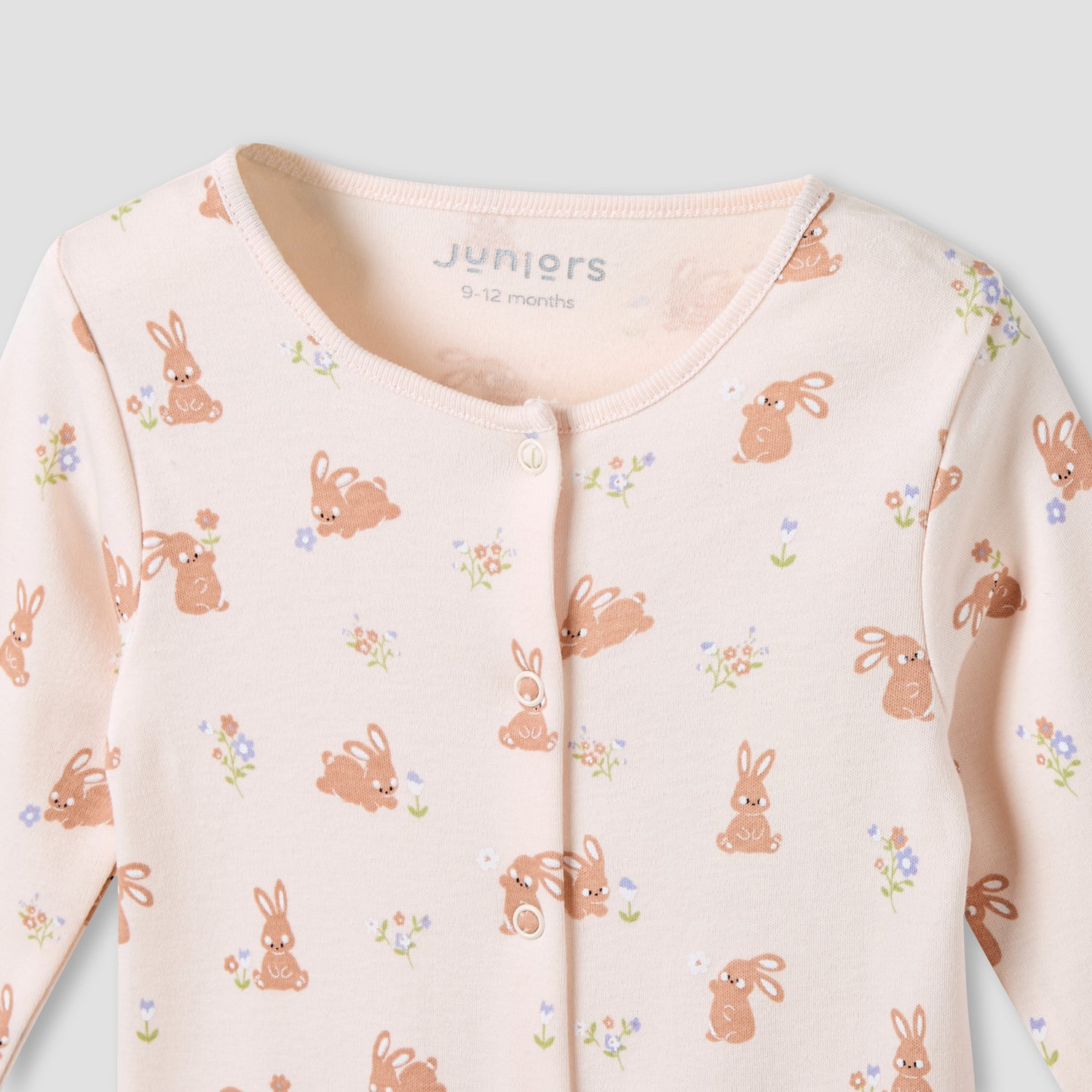 Juniors Round Neck Sleepsuit with Rabbit Print - Cotton - Long Sleeves