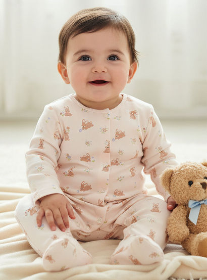 Juniors Round Neck Sleepsuit with Rabbit Print - Cotton - Long Sleeves-baby-girls-clothing-nightwear-sleepsuits-image-1