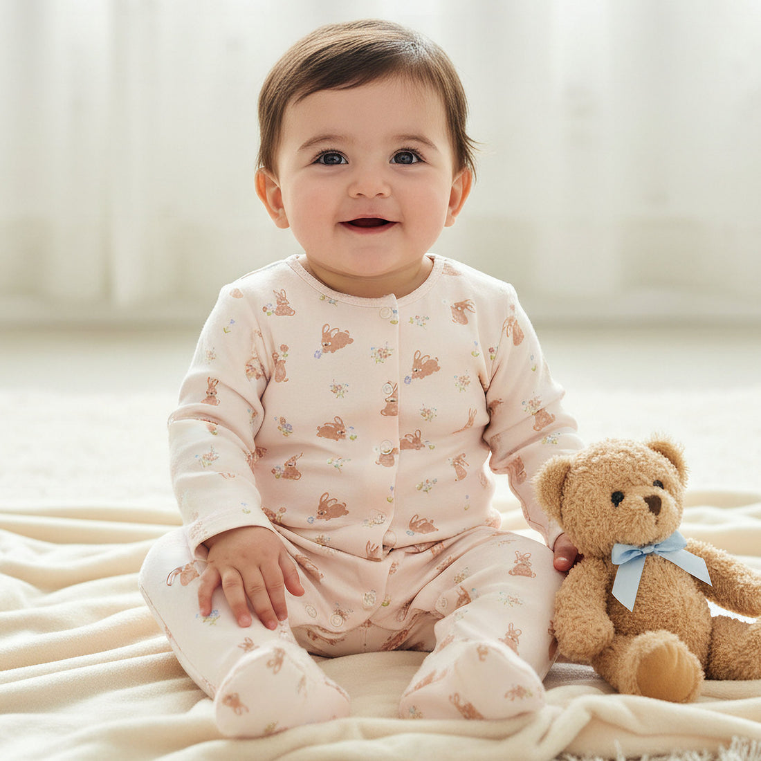 Juniors Round Neck Sleepsuit with Rabbit Print - Cotton - Long Sleeves - Pink / 12-18 mths