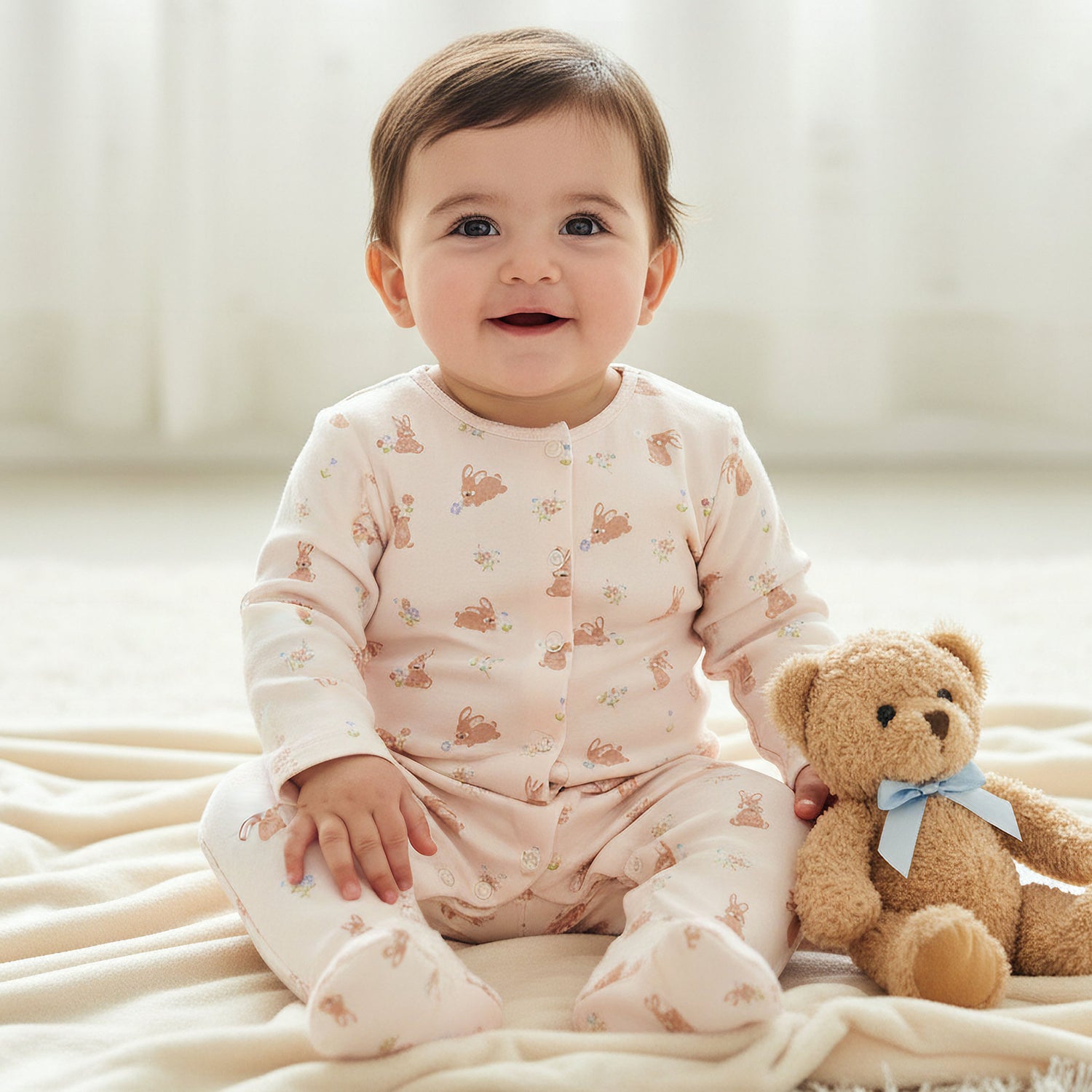 Juniors Round Neck Sleepsuit with Rabbit Print - Cotton - Long Sleeves - Pink / 12-18 mths