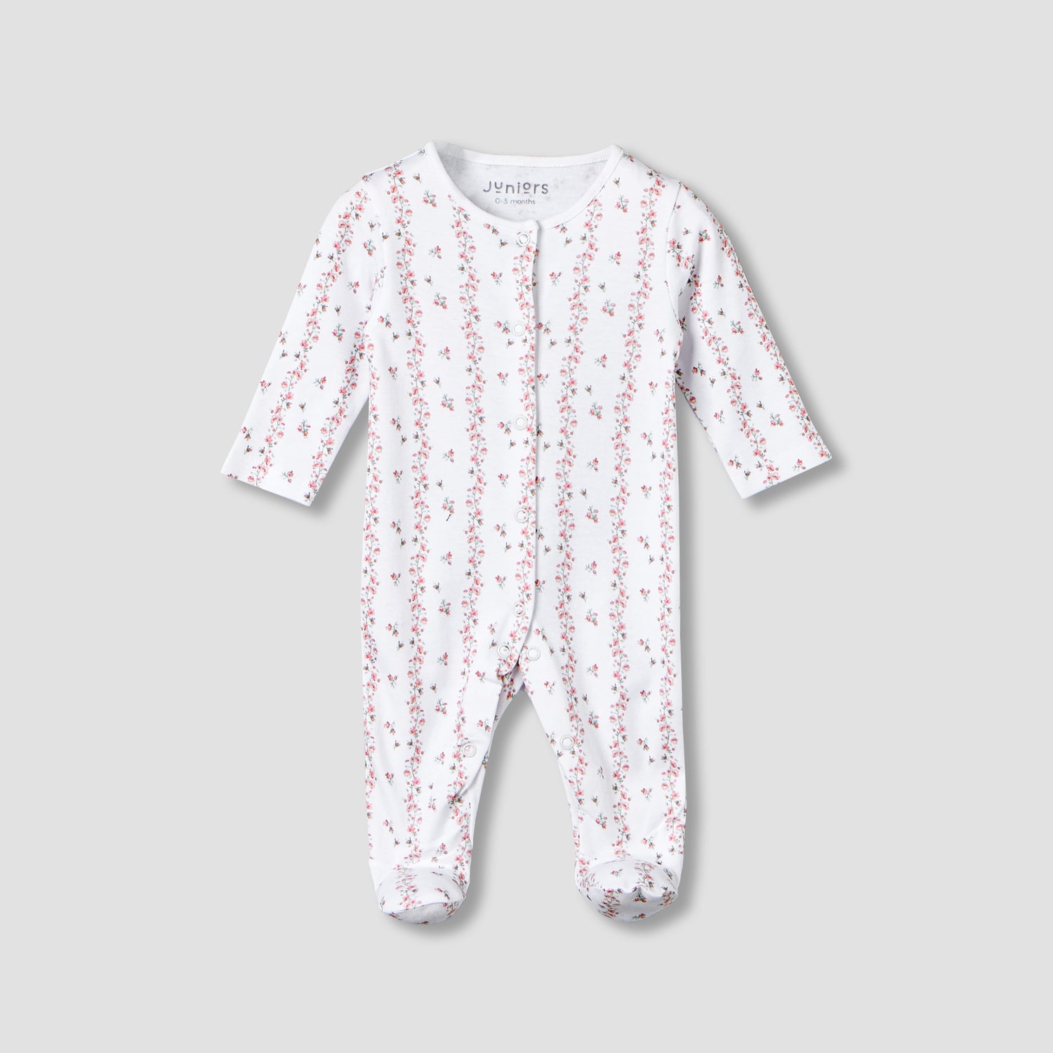 Juniors Cotton Round Neck Long Sleeves Sleepsuit with Floral Print - White / 12-18 mths