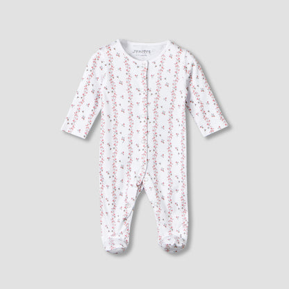 Juniors Cotton Round Neck Long Sleeves Sleepsuit with Floral Print - White / 12-18 mths