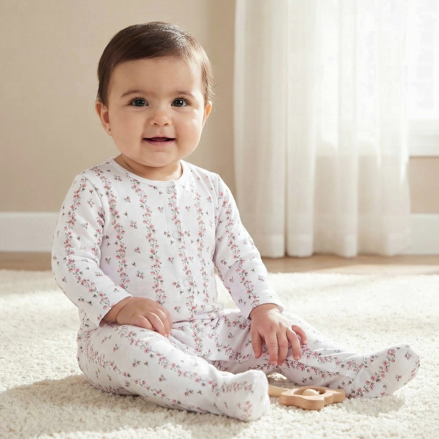Juniors Cotton Round Neck Long Sleeves Sleepsuit with Floral Print