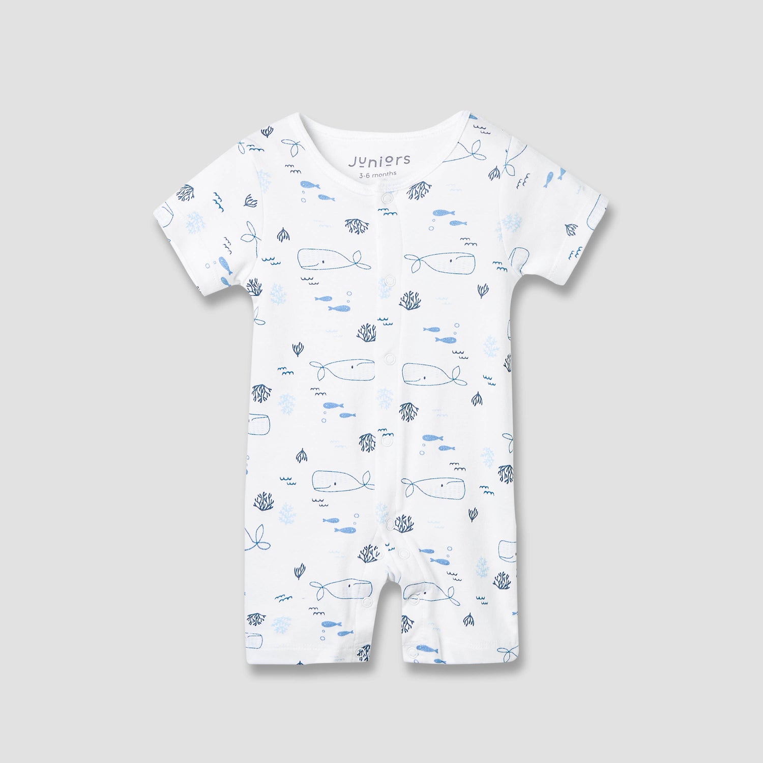 Juniors Round Neck Romper with Whale Print - Cotton - Short Sleeves - White / 12-18 mths