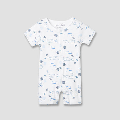 Juniors Round Neck Romper with Whale Print - Cotton - Short Sleeves - White / 12-18 mths