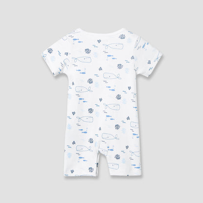 Juniors Round Neck Romper with Whale Print - Cotton - Short Sleeves