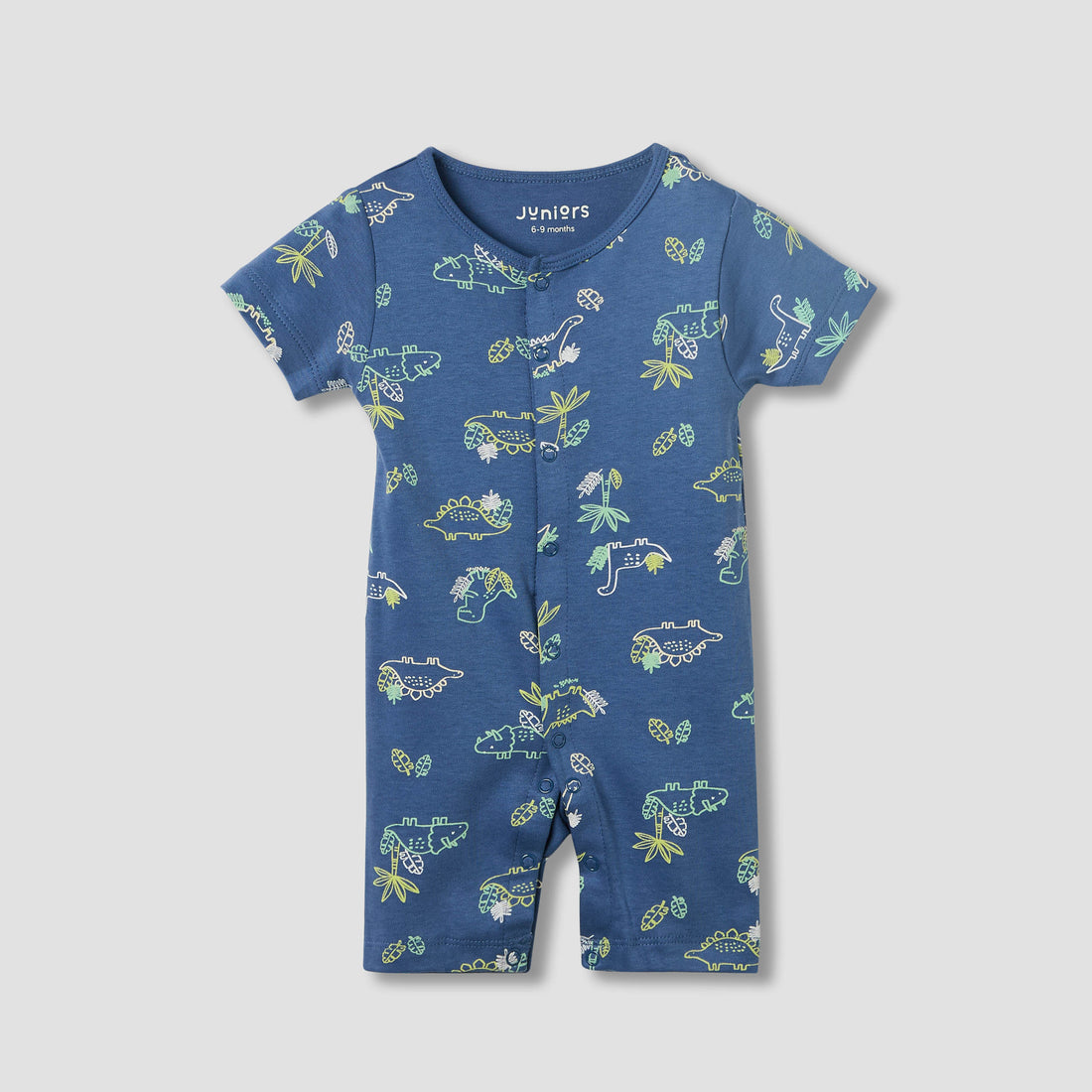 Juniors Round Neck Romper with Dinosaur Print - Cotton - Short Sleeves - Blue / 12-18 mths
