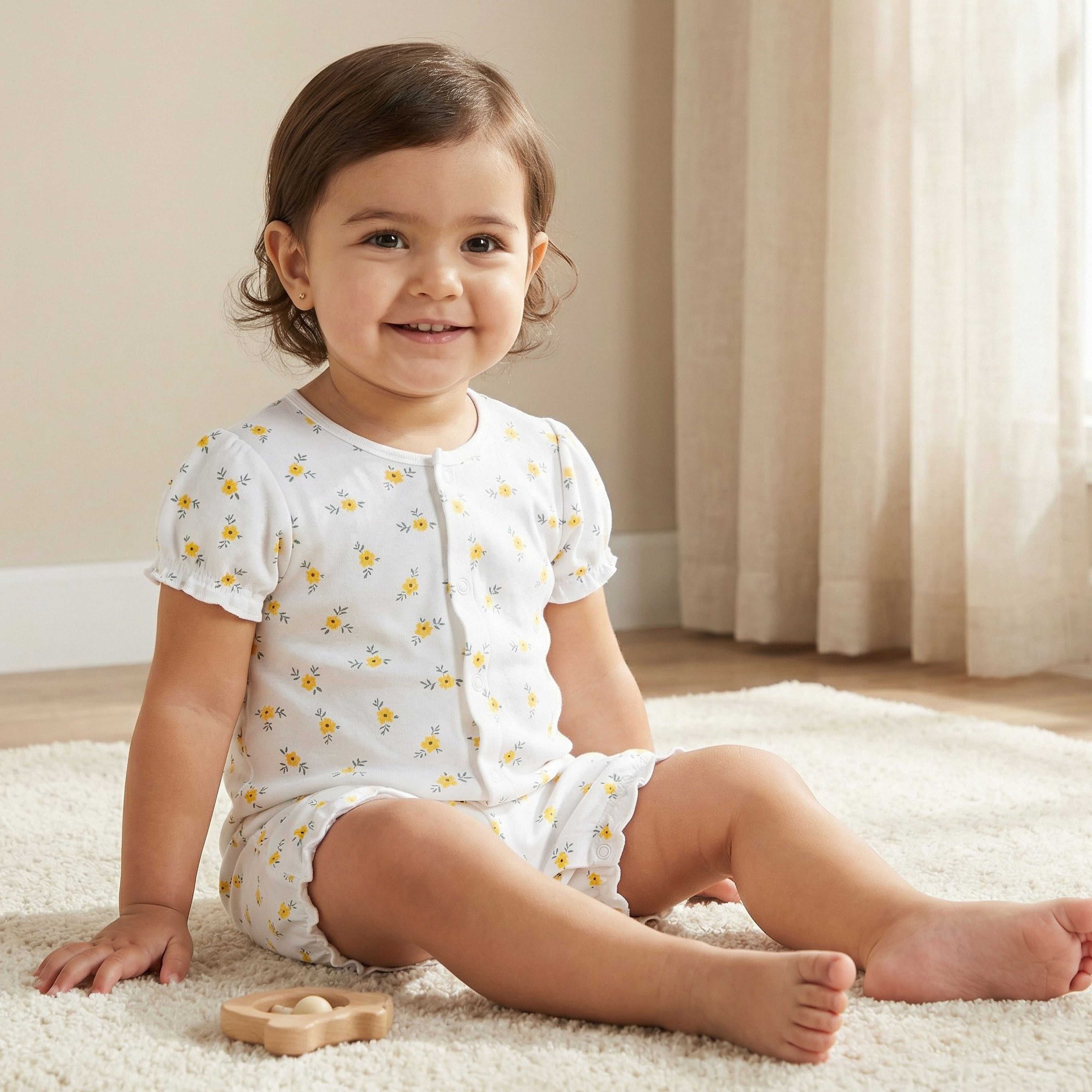 Juniors Round Neck Romper with Floral Print - Cotton - Short Sleeves
